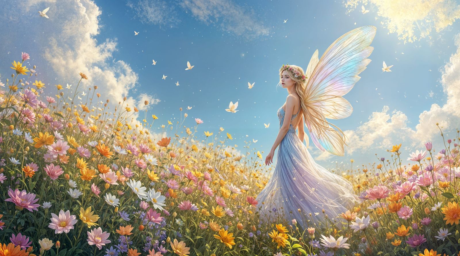 Whimsical Fairy in Vibrant Wildflower Meadow