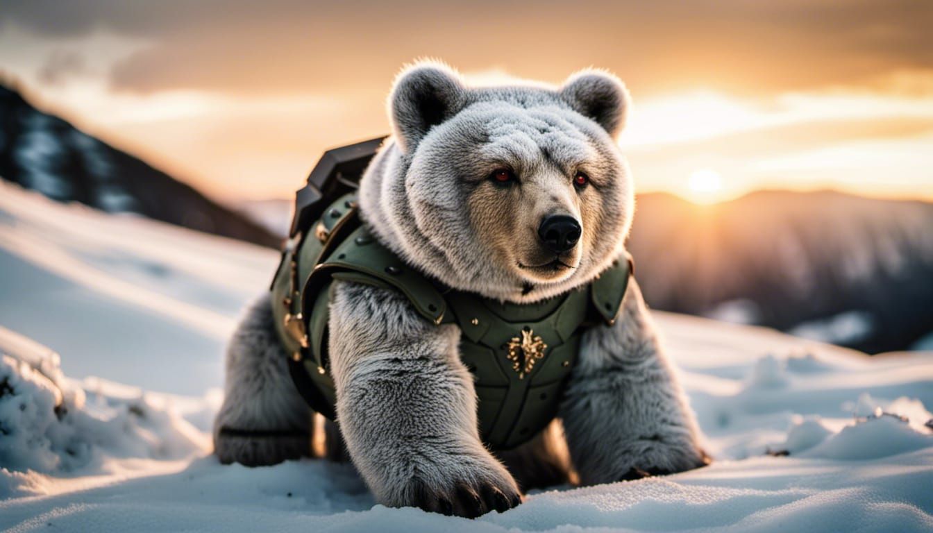 Armored Knight Bear Cub on Alpine Sunset