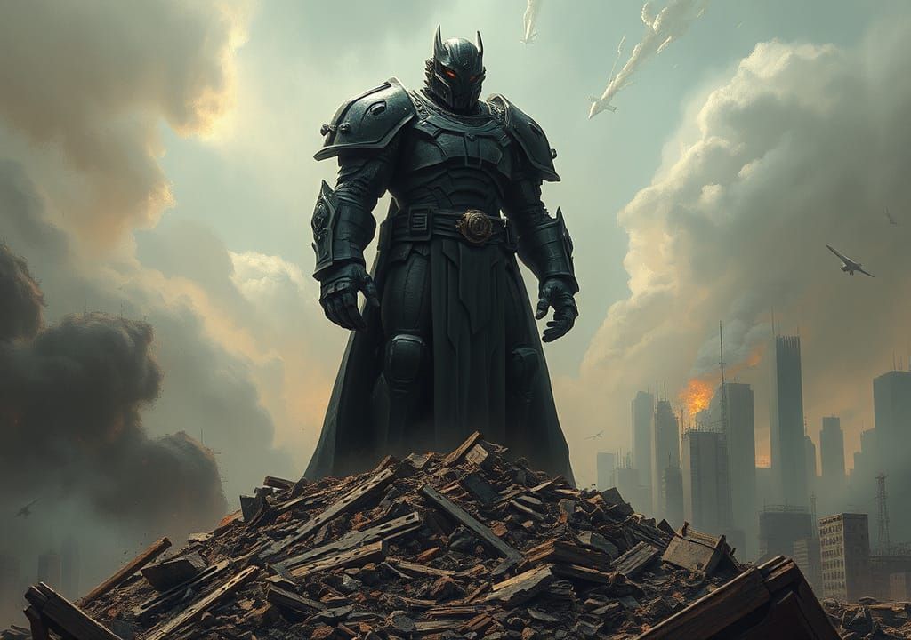 Dystopian Armored Figure in Sci-Fi Landscape