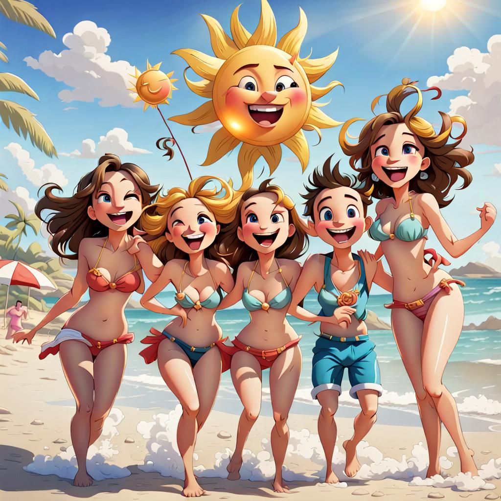 An ensemble of animated cartoon characters, bursting into laughter and unrestrained joy