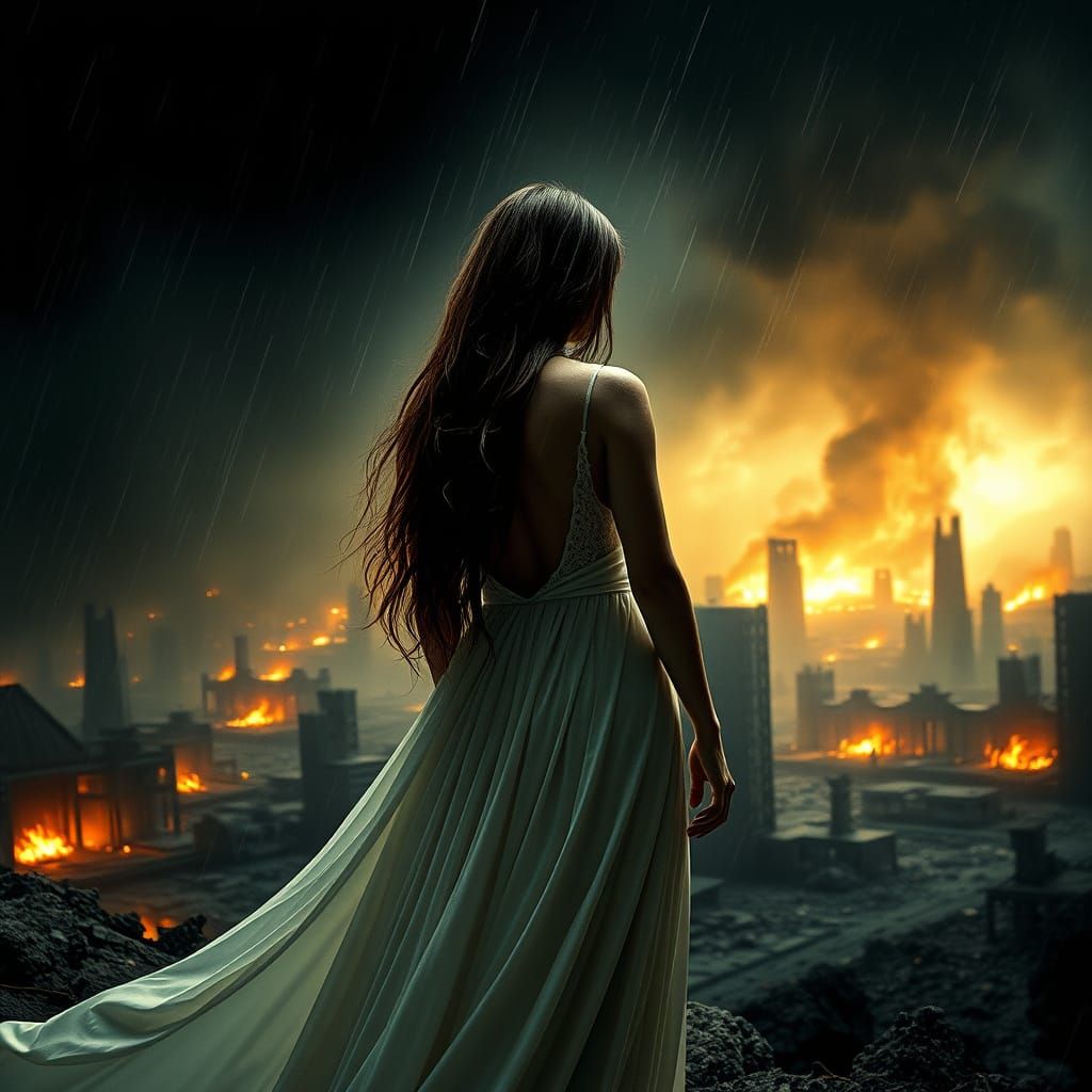 Mysterious Woman in Apocalyptic Cityscape