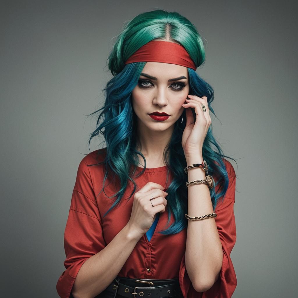 Captivating Woman with Green and Blue Hair