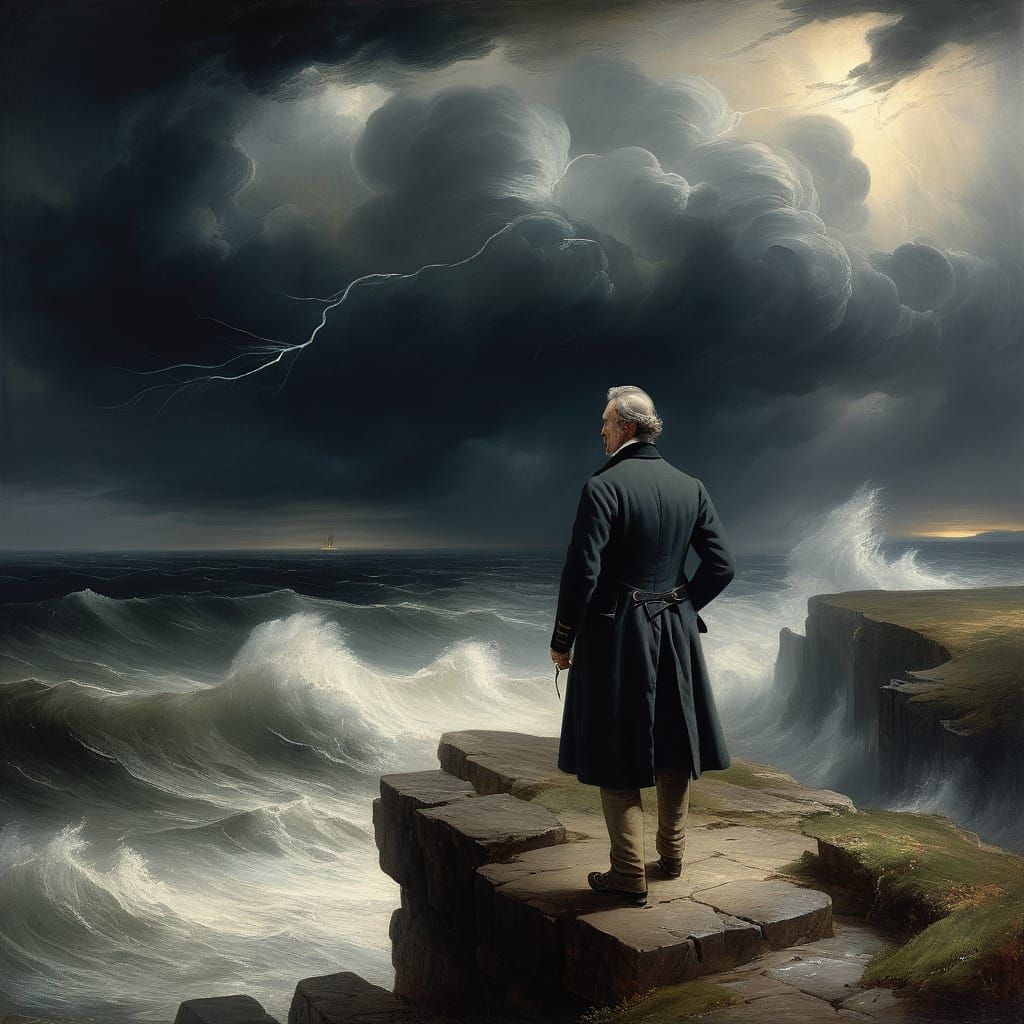 Victorian Gentleman on Cliff Overlooking Stormy Sea