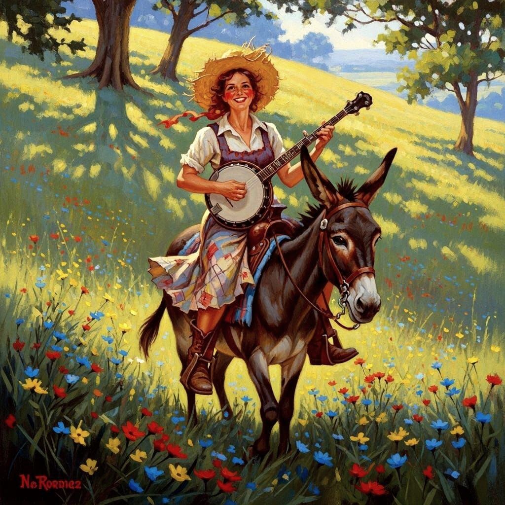 Whimsical Hillbilly Woman on Mule, Rockwell Style