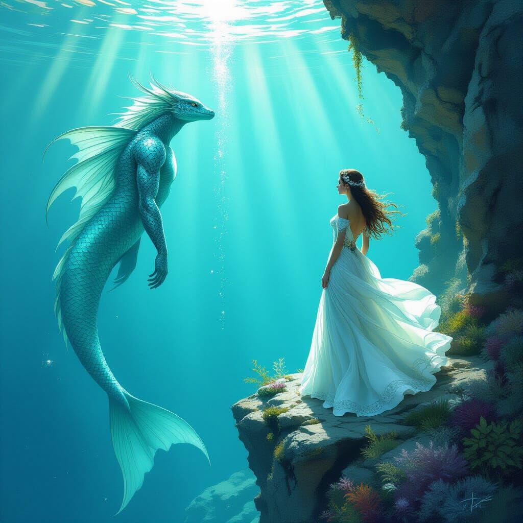 Merman Observes Princess with Ethereal Fantasy Art Style