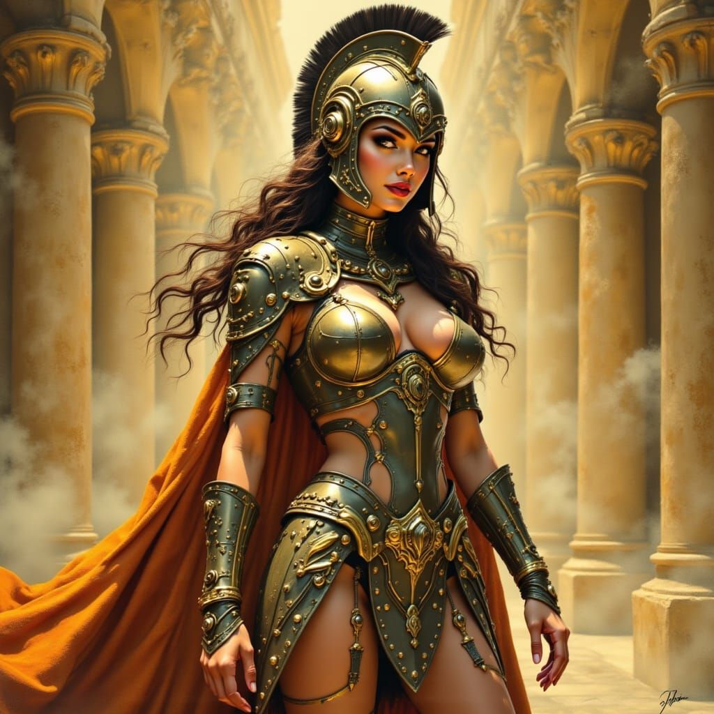 Heroic Amazonian Woman in Bronze Armor