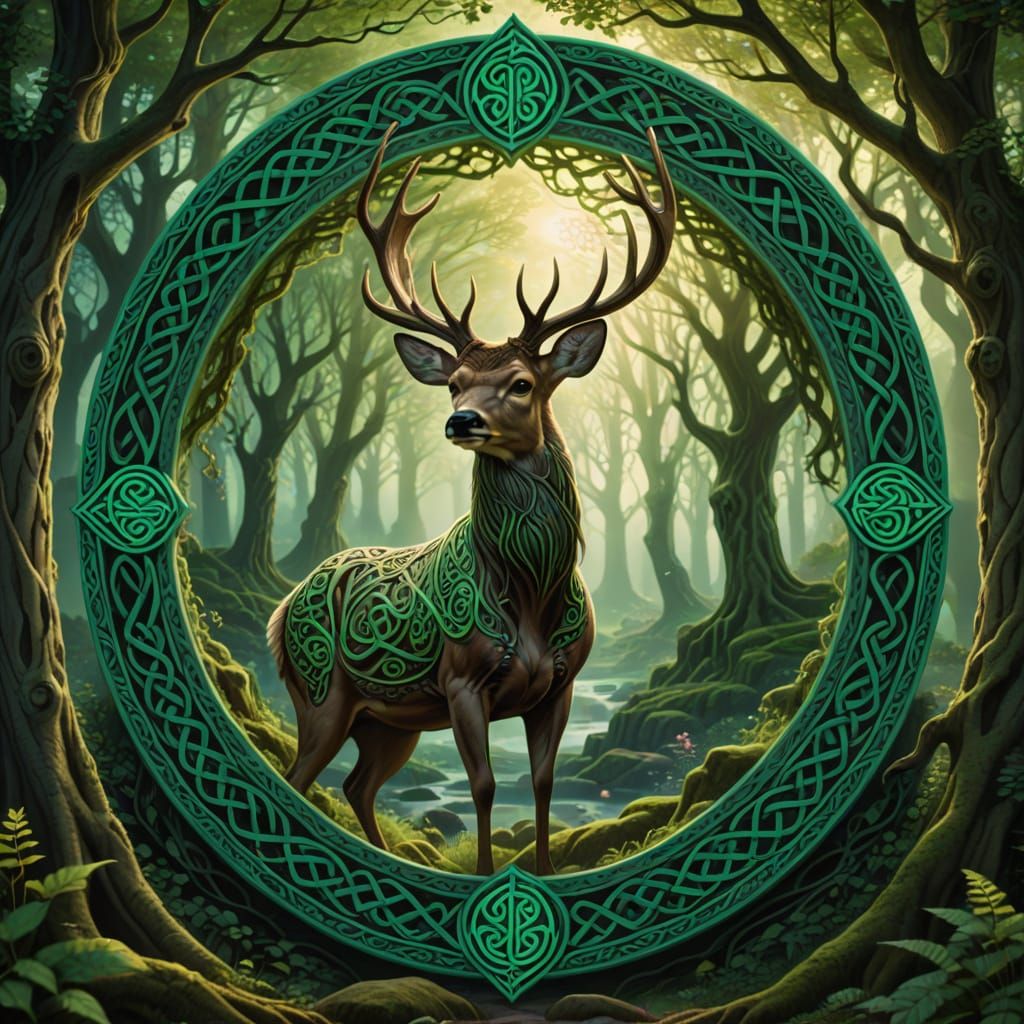 Mystical Deer Guards Celtic Portal in Luminescent Forest