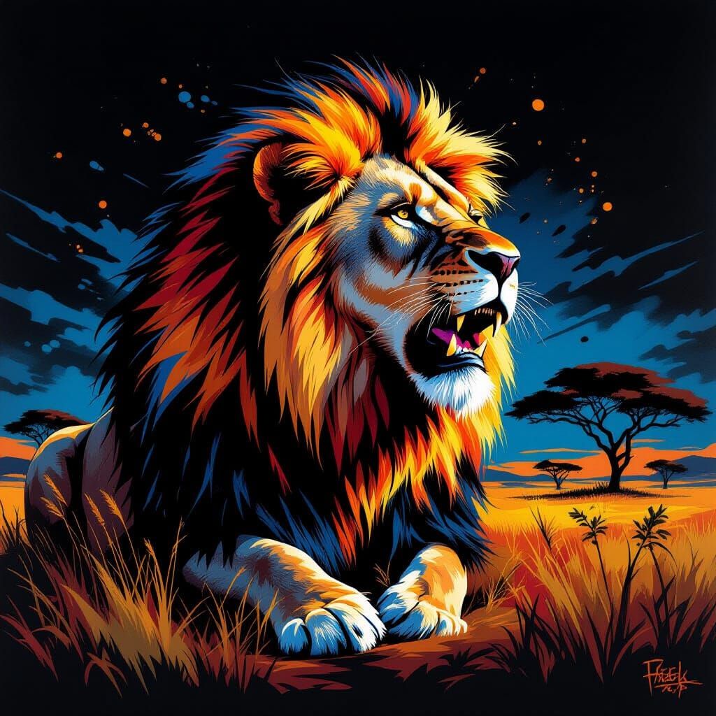 Graffiti Lion Roaring in Vibrant Savannah Street Art Style
