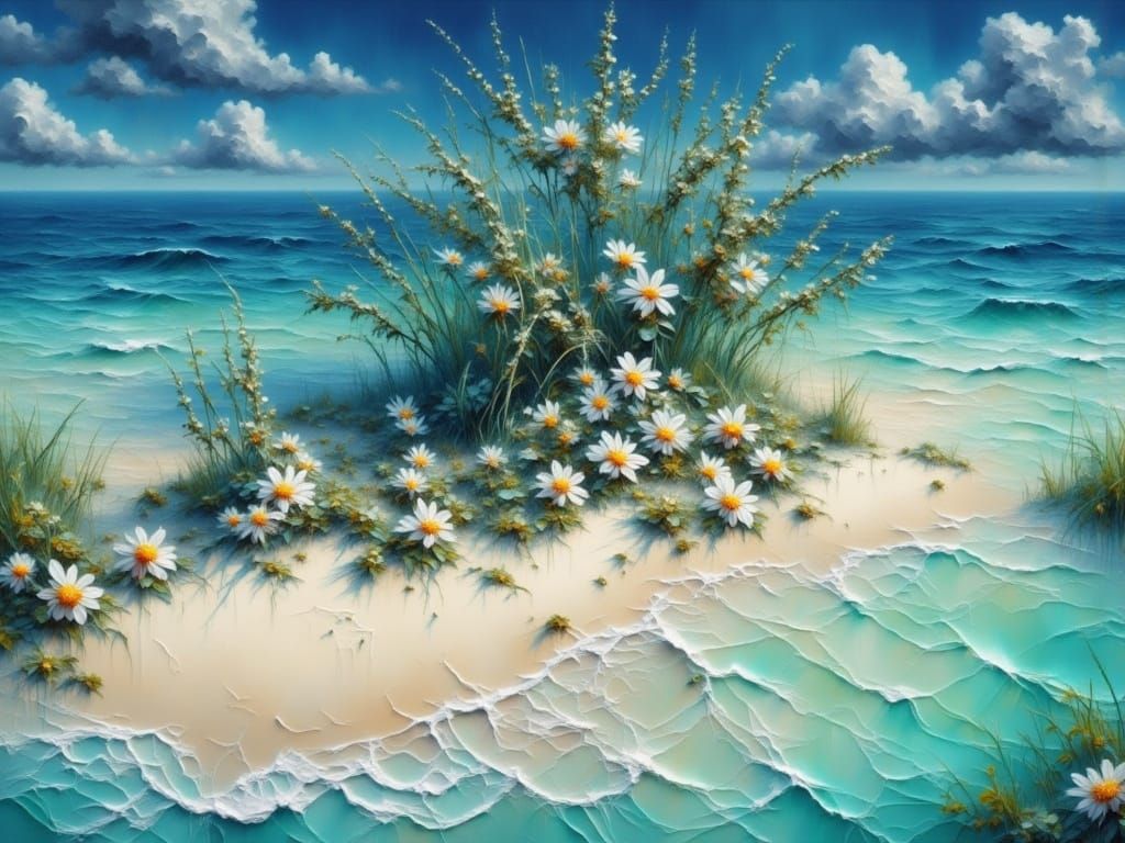 Surreal Grungy Beach Scene with Glowing White Flowers