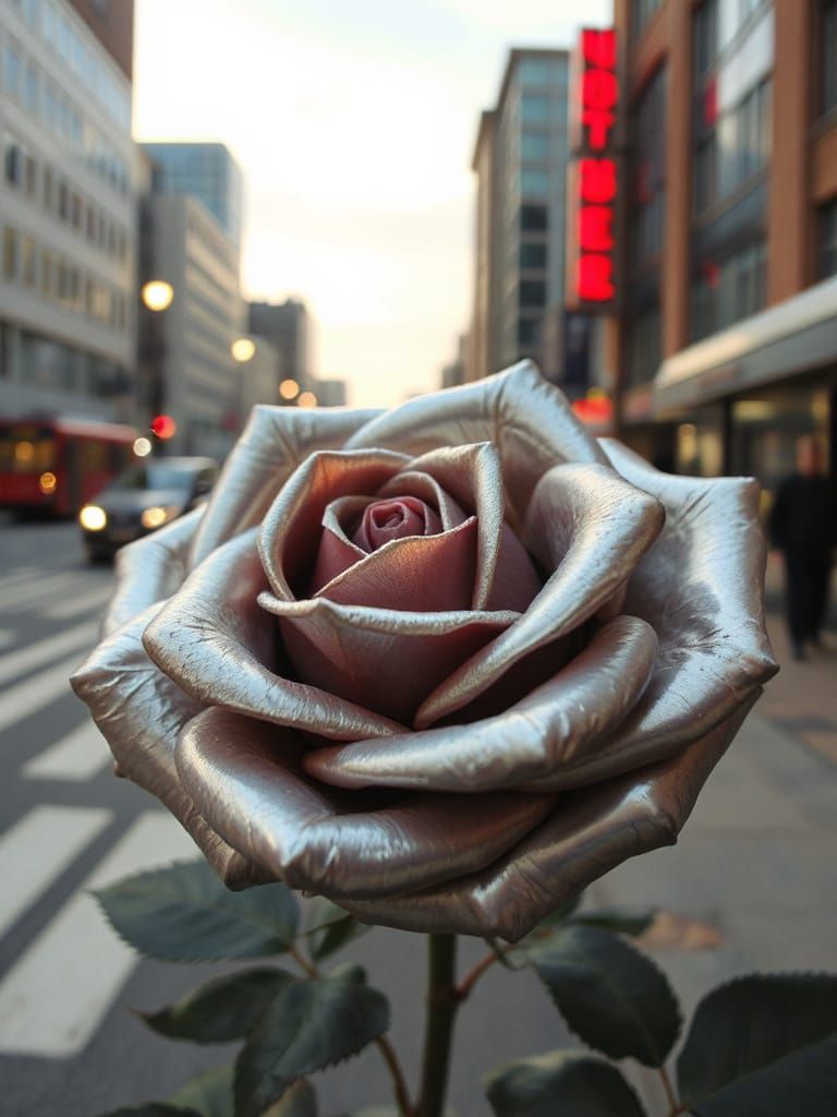 Silver Rose Reflecting Retro City in Hyperrealistic Detail