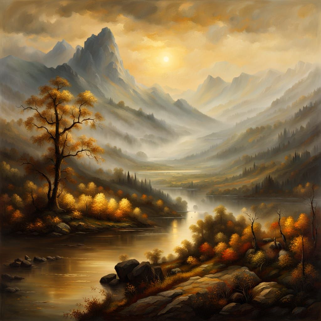Luminous Autumn Mountainscape in Golden Age Oil Painting Sty...
