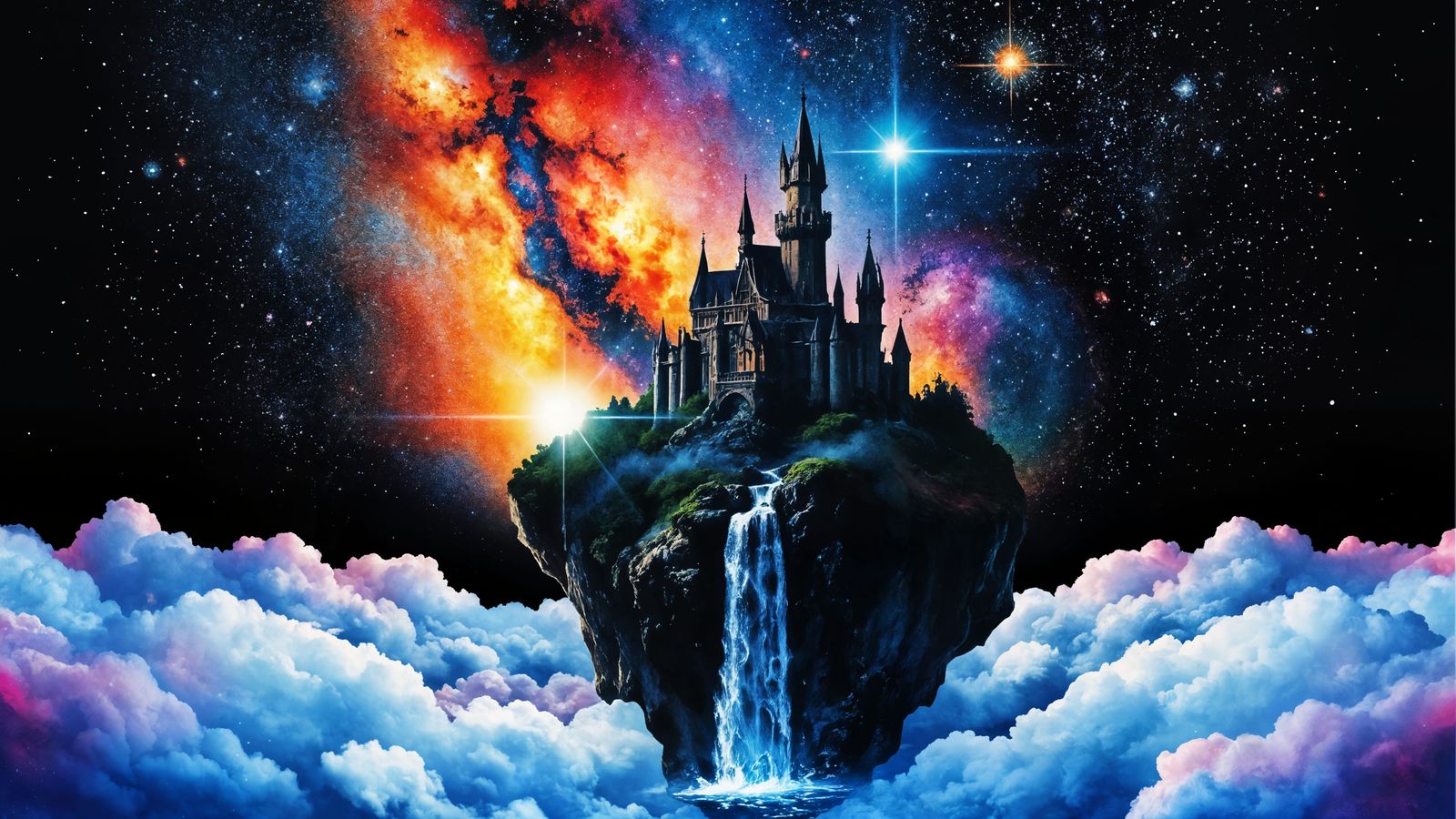 Castle on Floating Rock with Waterfalls in Cosmic Landscape