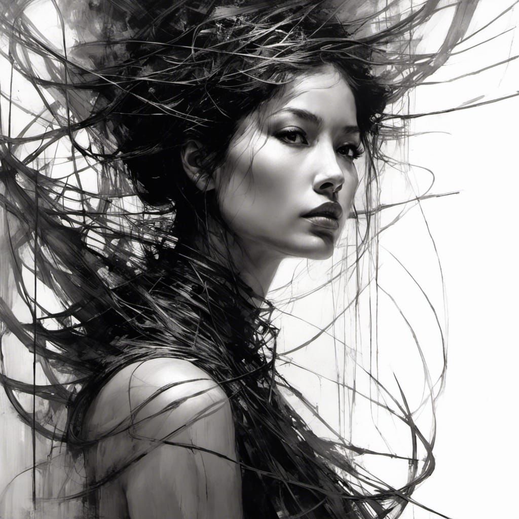 Woman in Crosshatched Nest: Complex Line Art