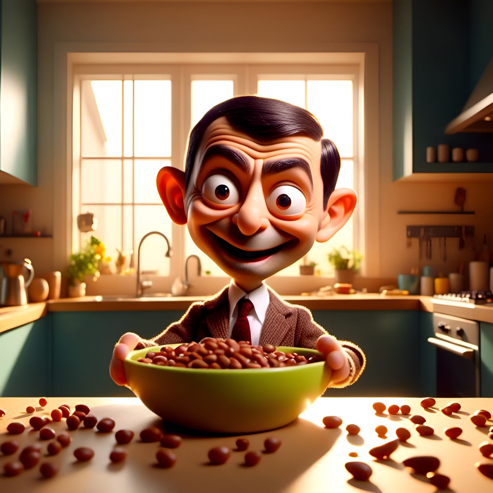 Happy Mr. Bean Enjoys Beans in Sunny Kitchen