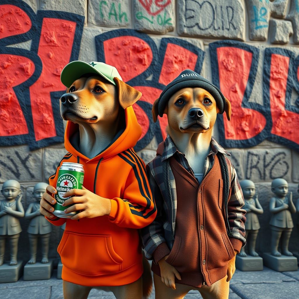 Two Dogs Amidst Urban Graffiti in a 3D Cinematic Masterpiece