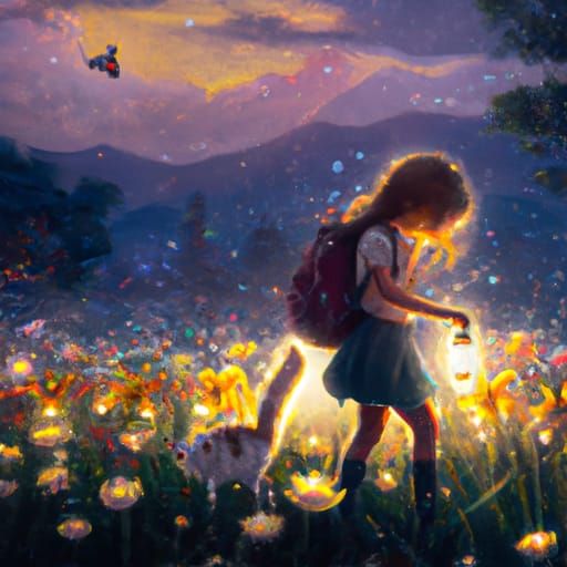 Girl with Kitten in Firefly Meadow