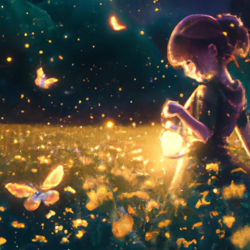 Girl Amidst Fireflies in Vibrant Floral Paradise