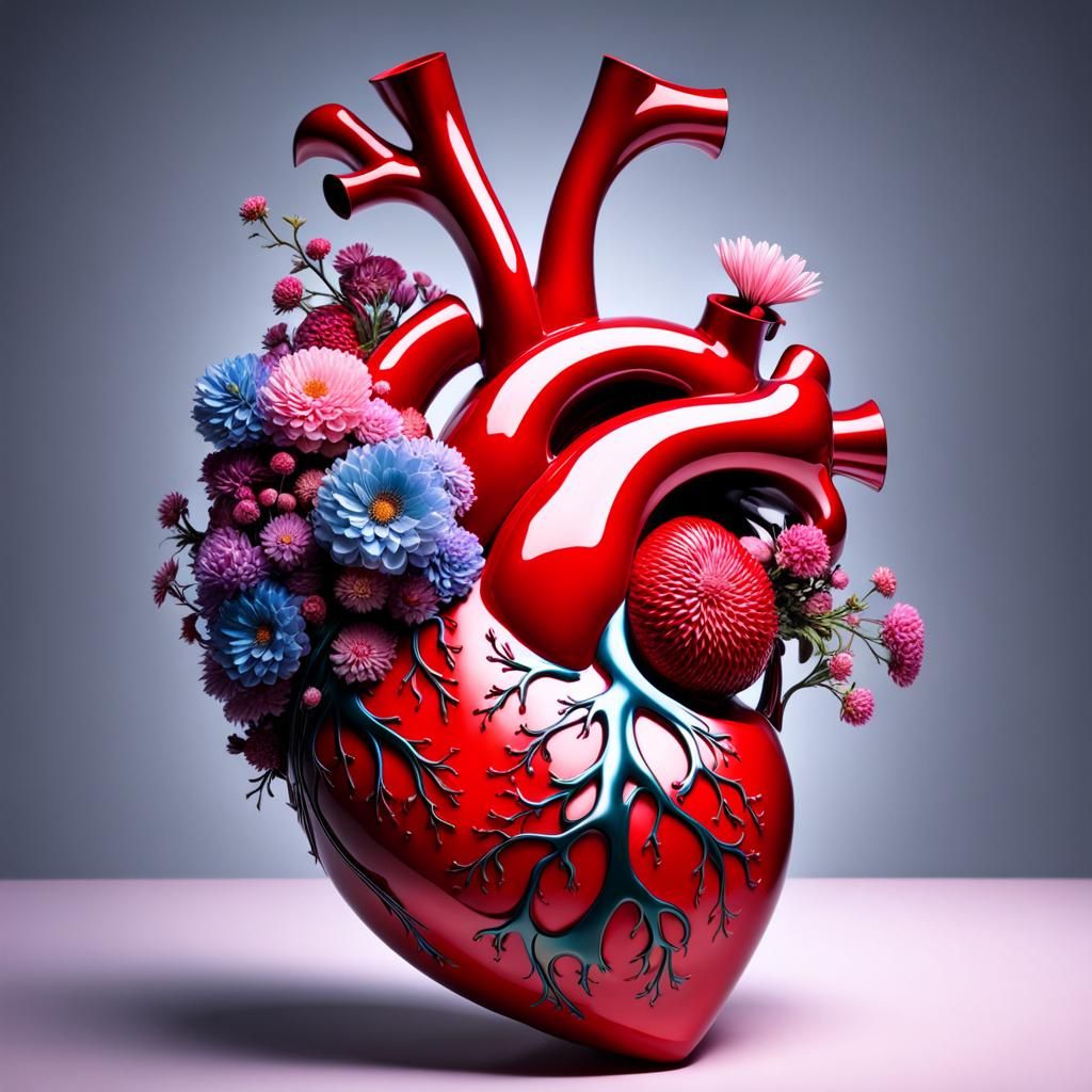 Heart Vase Exploding with Flowers in Hologram Style