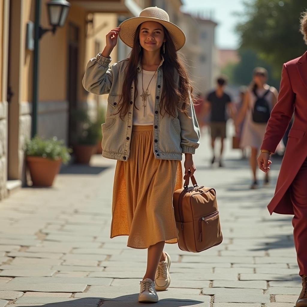 Schoolgirl Waving in a Tech-Fantasy World
