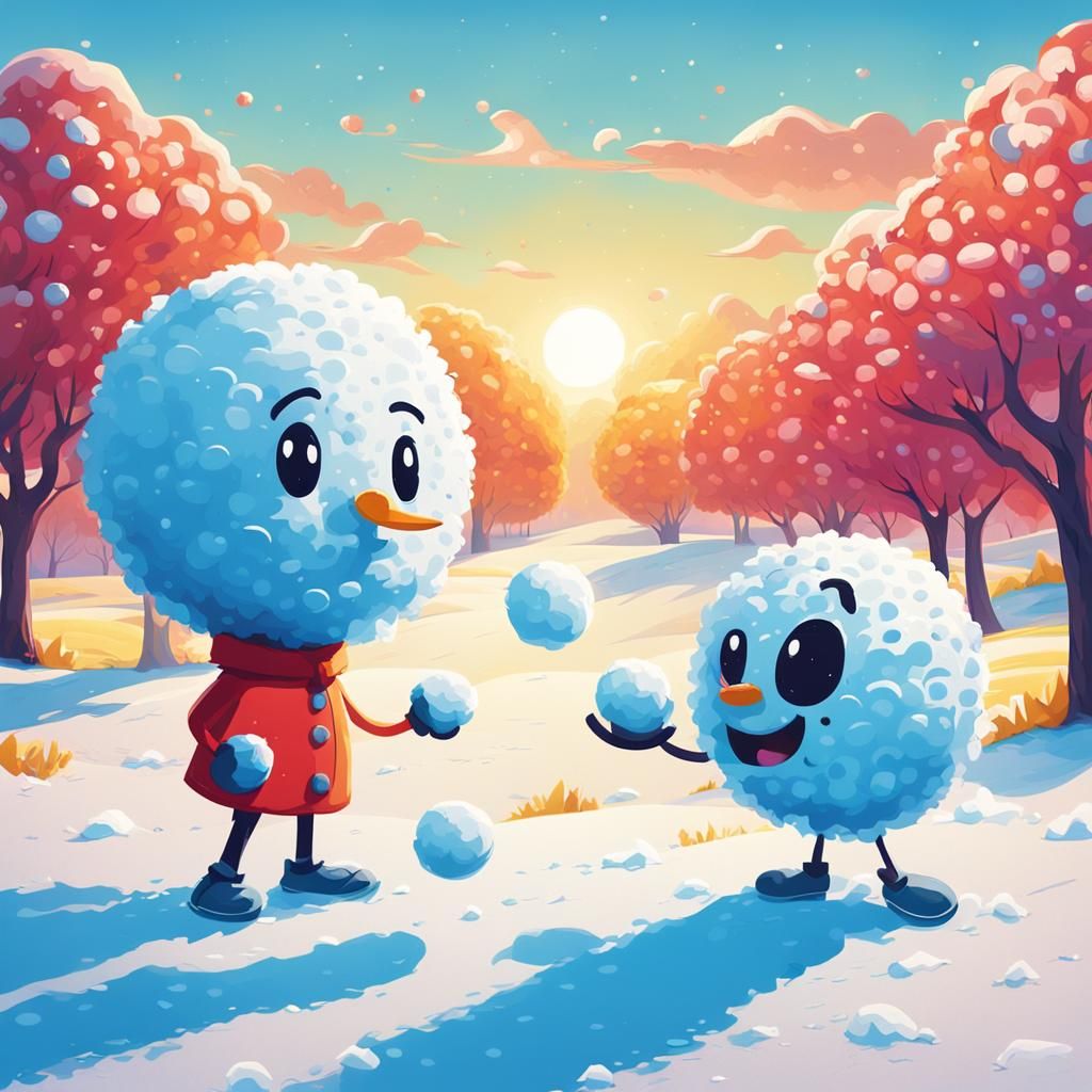 Cartoon Snowball Confronts a Wimp in Sunny Field