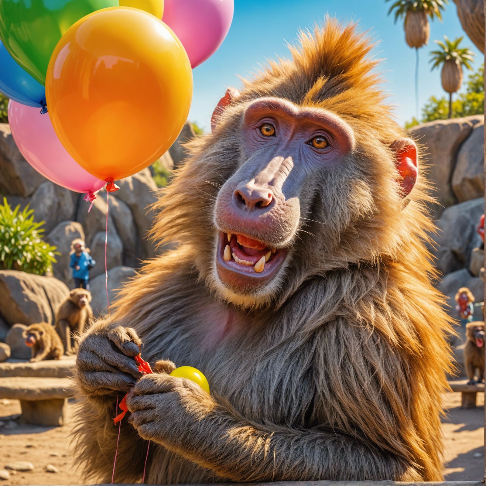 Joyful Baboon with Balloon: Oil Painting Zoo Scene