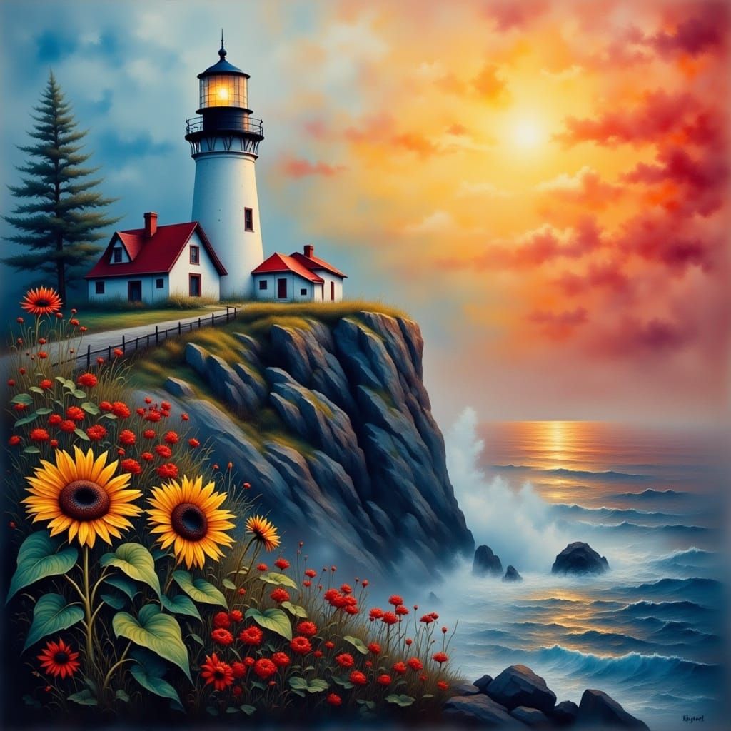 Whimsical Lighthouse in a Burgundy Fog