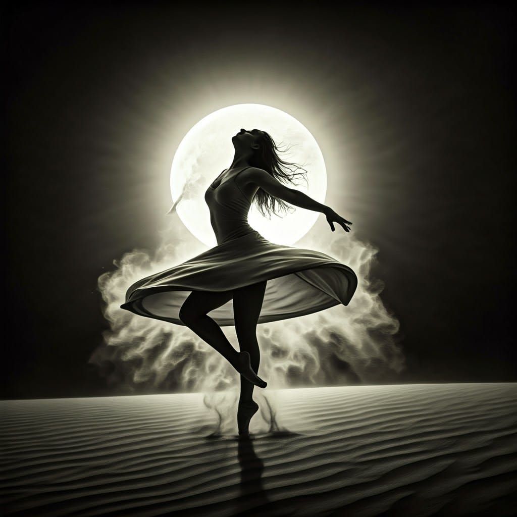 Ethereal Dancing Silhouette under Full Moon, in Hyperdetaile...