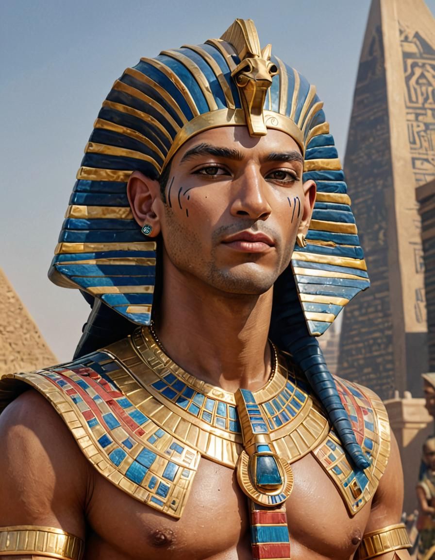 Modern Pharaoh in Ancient Egyptian Cyberpunk Cityscape