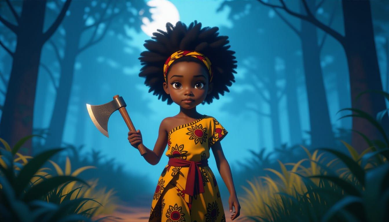 African Girl With Cutlass Walks Into Mysterious Forest