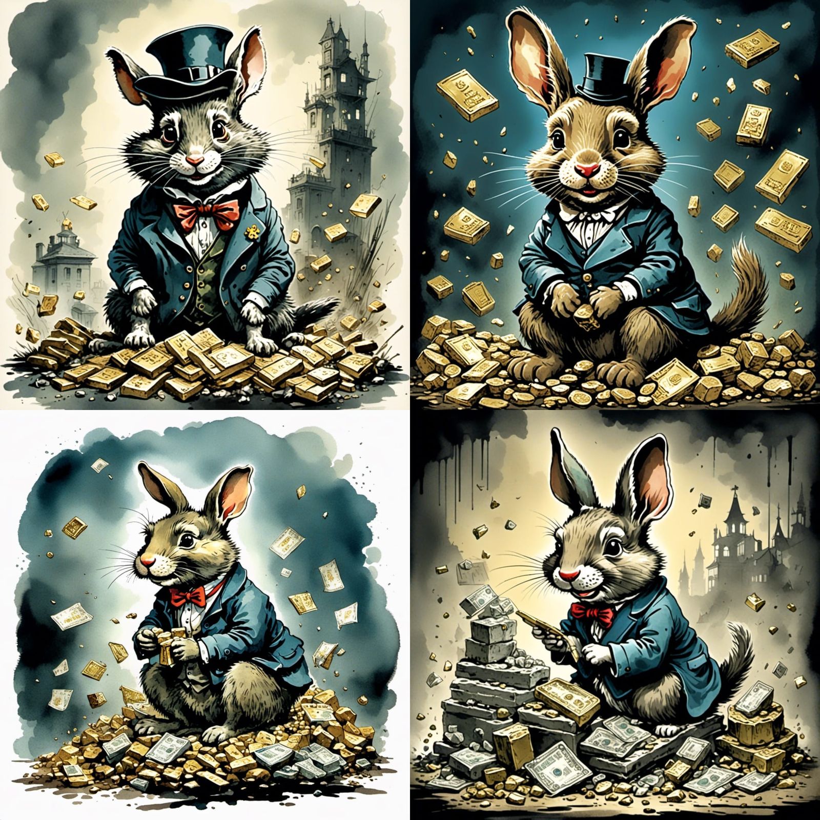 Yorkie Sitting on Treasure Pile in Noir Style