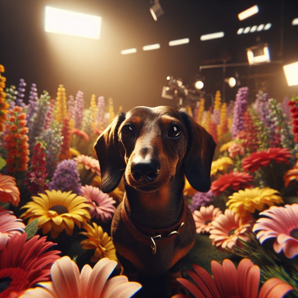 Dachshund Surrounded by Colorful Flowers: Hyperrealistic Fil...