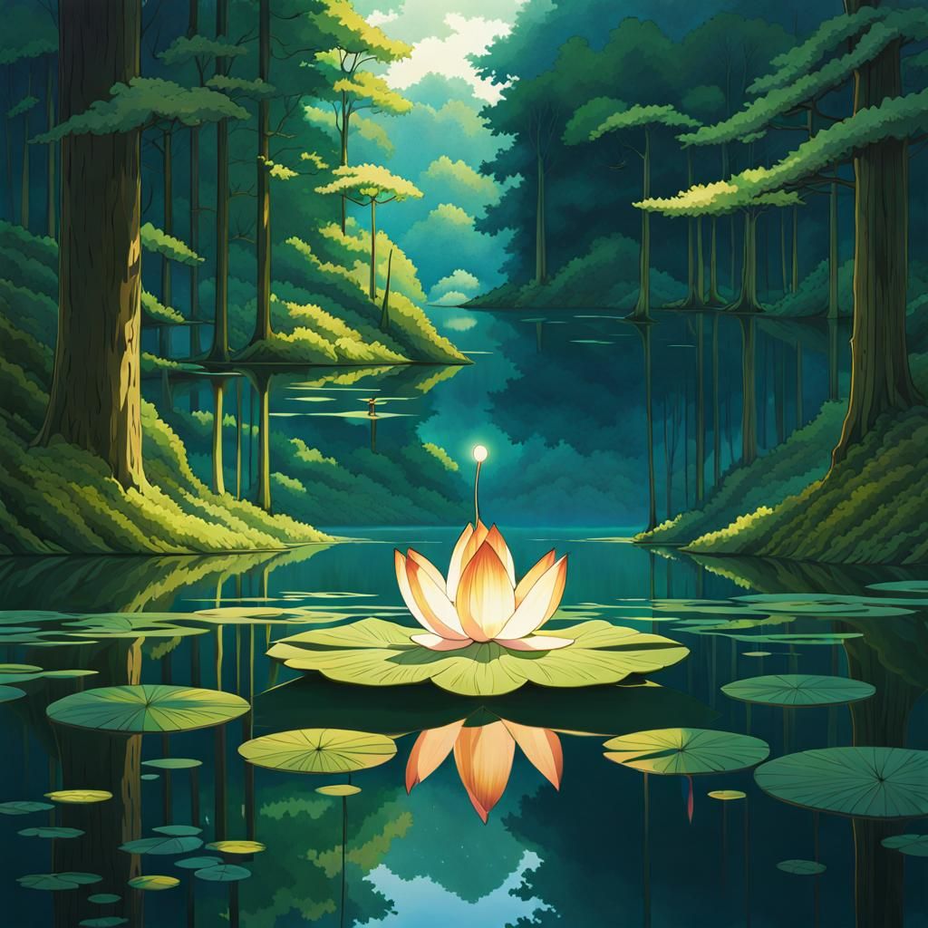 Oxidized Copper Lotus on Forest Lake, Anime Style