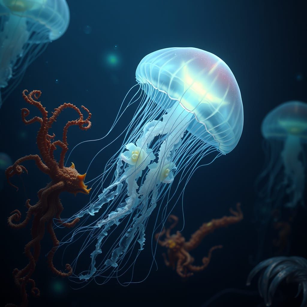Bioluminescent Jellyfish Gracefully Dancing in the Deep Ocea...