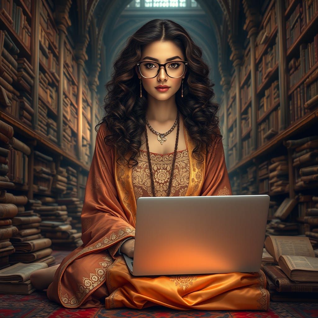 Exquisite Lebanese Princess in Ancient Library Setting