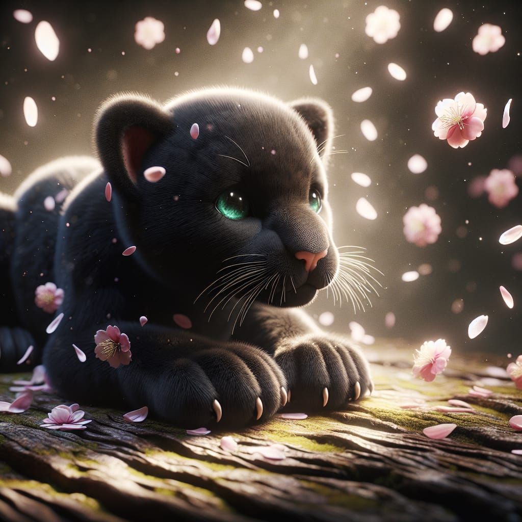 Adorable Black Jaguar Playing with Sakura Petals in Digital ...