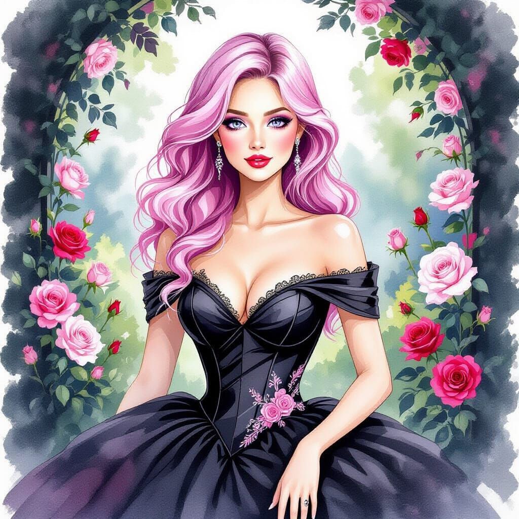 Pink Haired Woman in Rose Garden, Watercolor Style