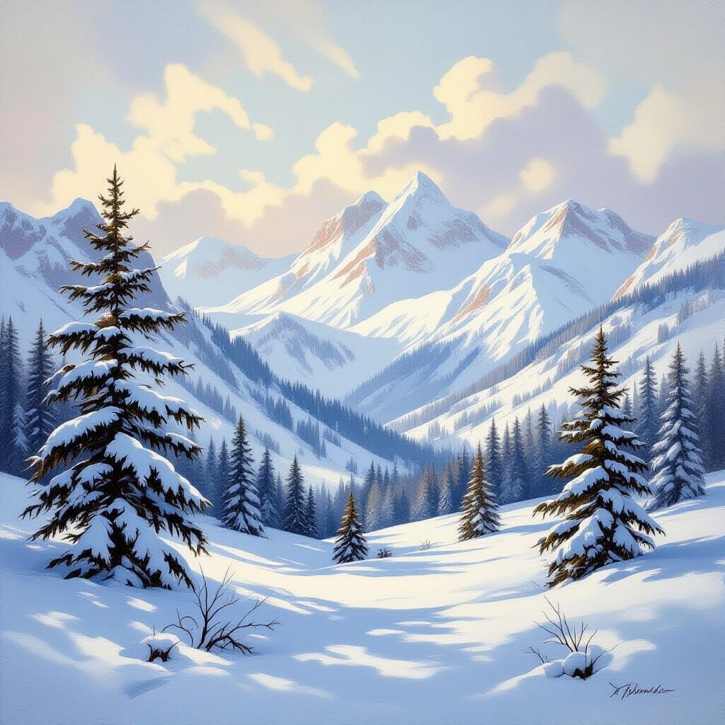Majestic Winter Landscape Oil Painting with Snow
