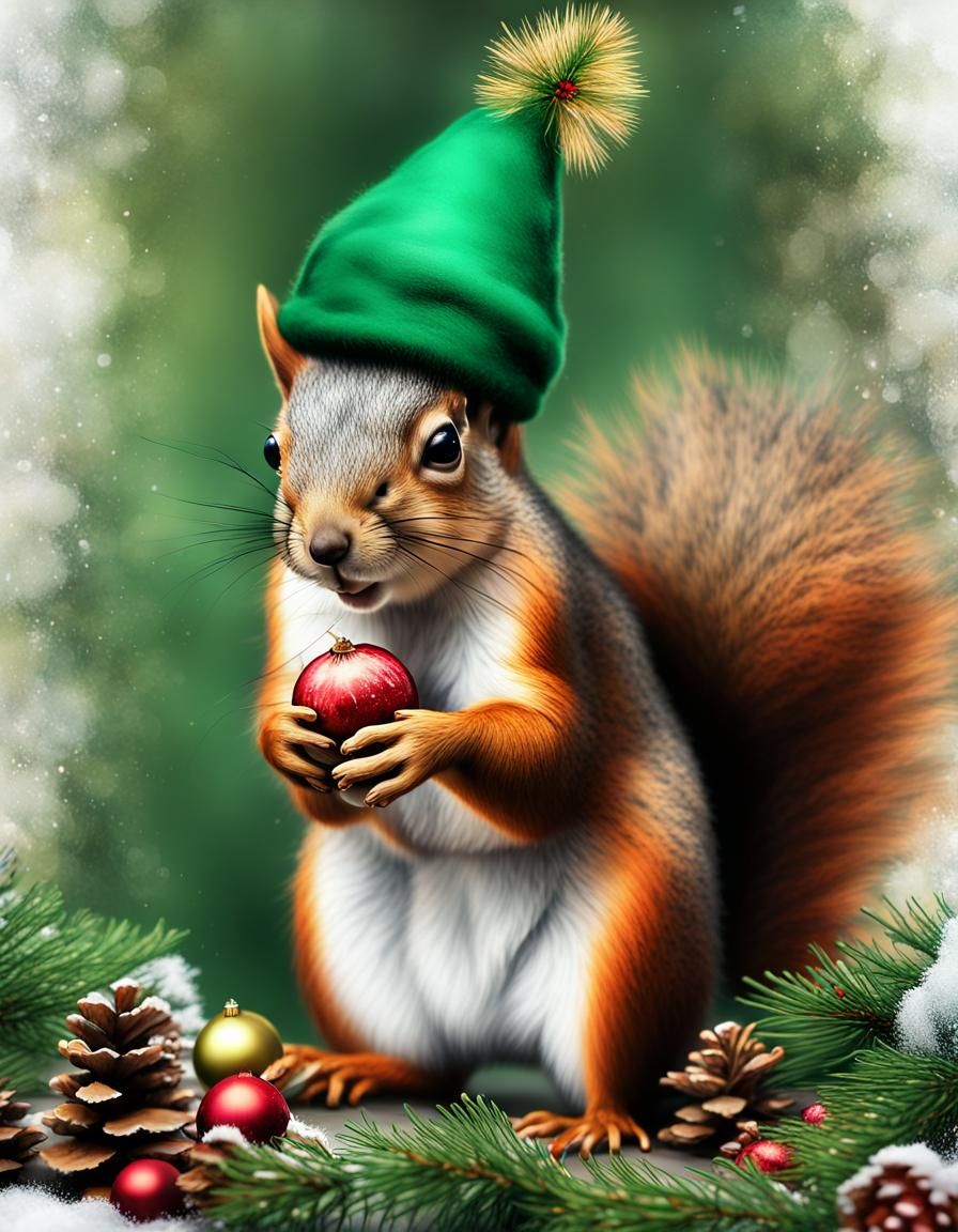 Festive Christmas Squirrel in Holiday Woods