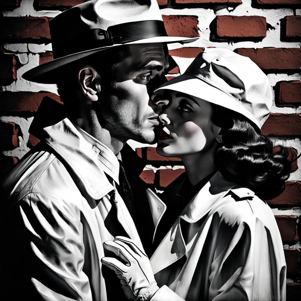 Passionate Kiss in Rainy Noir Film Scene