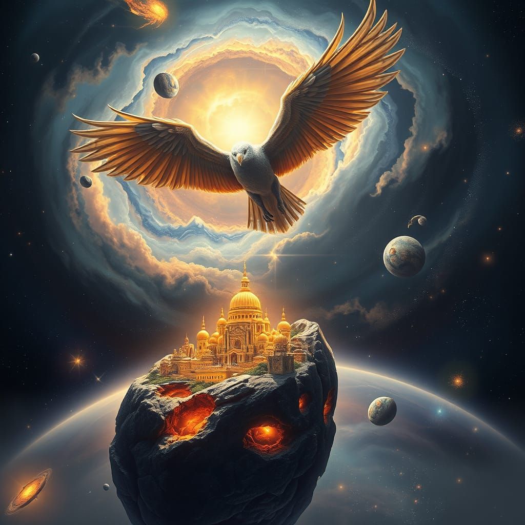 Griffin Soaring Through Nebula with Golden City