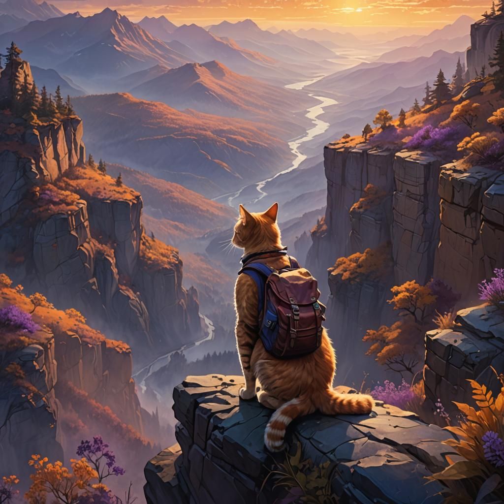 Cat Hiker Overlooking Fantasy Landscape Concept Art