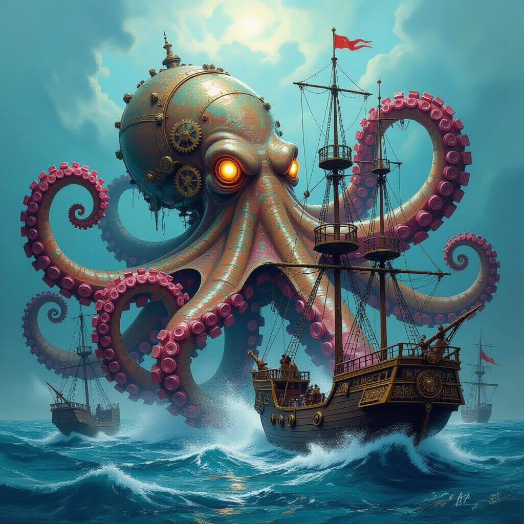 Clockwork Kraken Attacks Steampunk Galleon: Maximalist Maste...