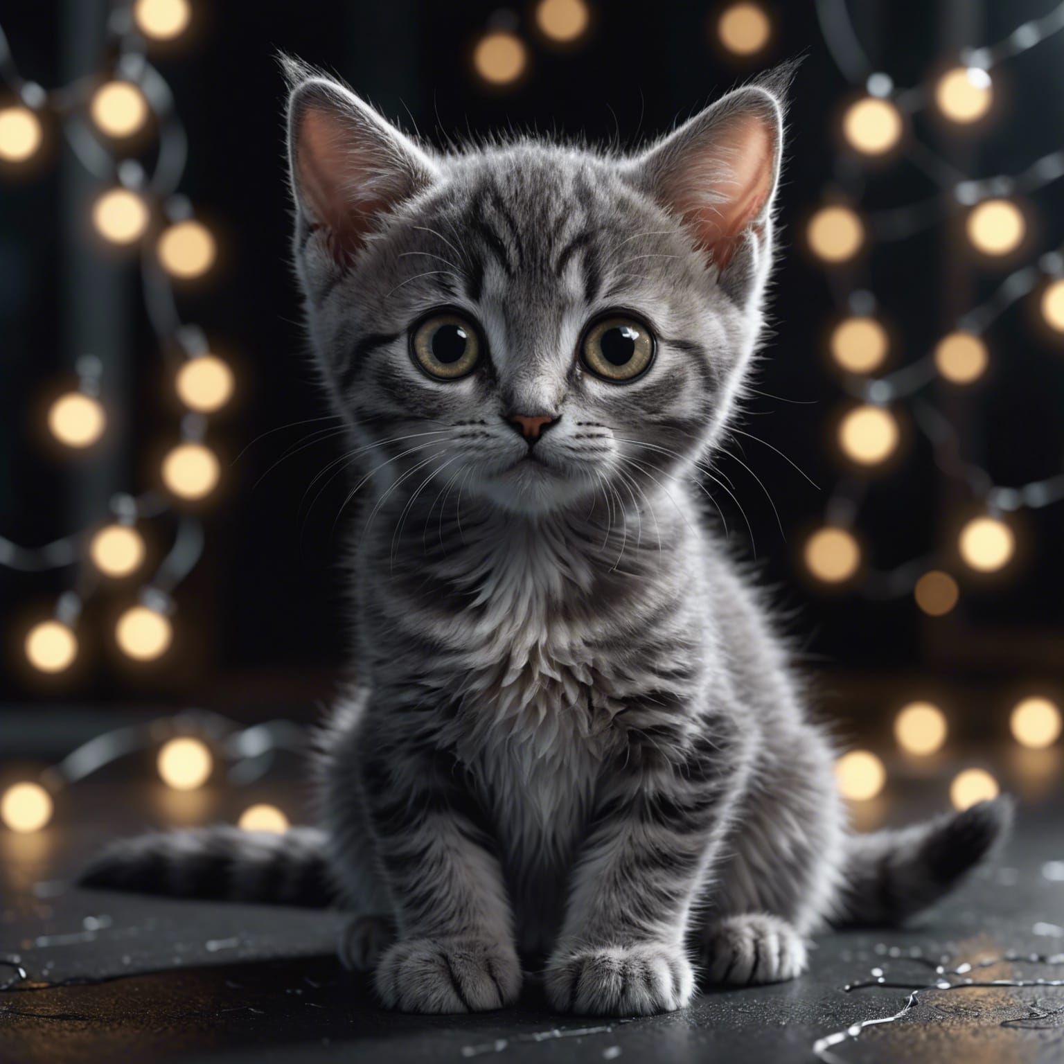 Adorable Grey Kitten with Big Eyes in Fairy Light Room