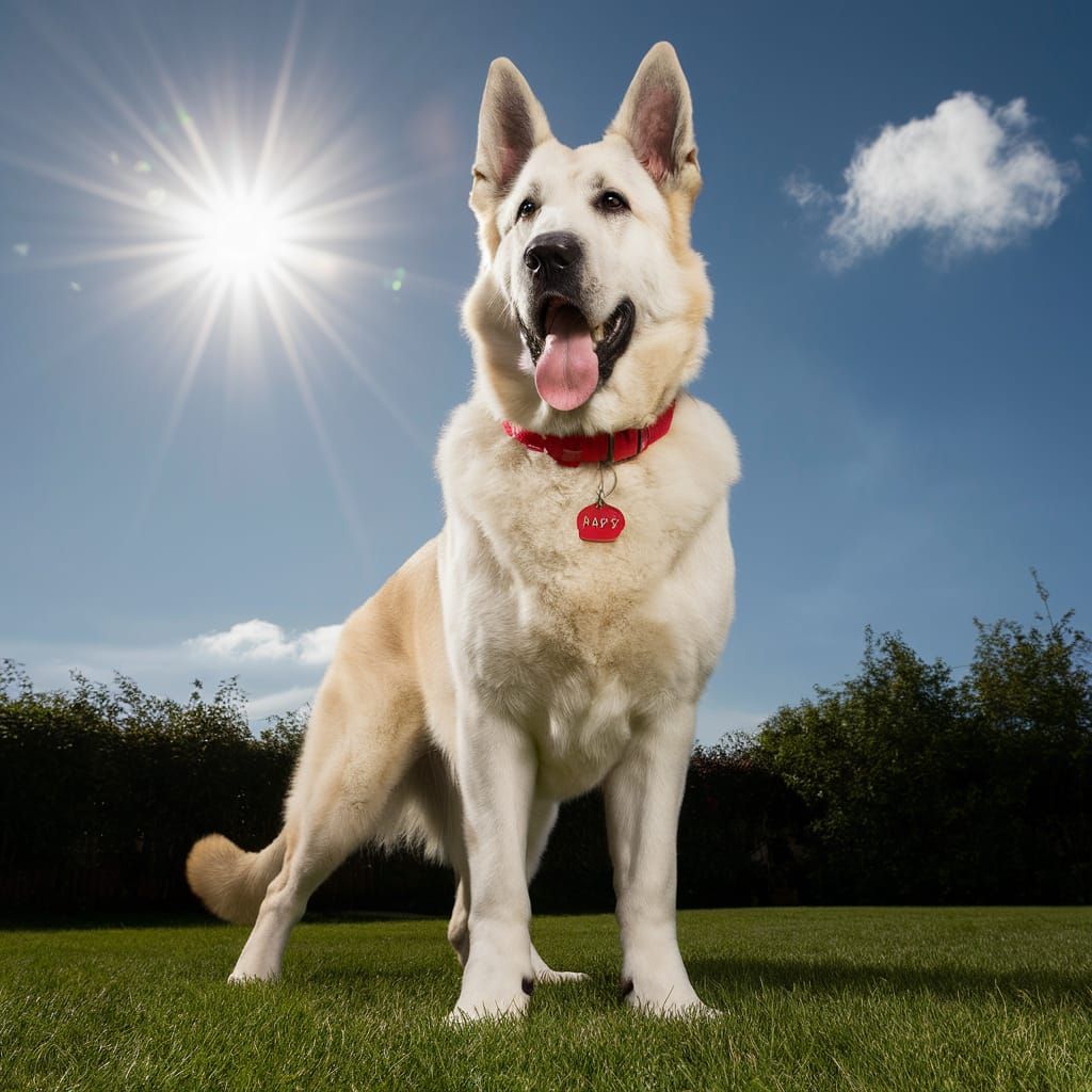 White German Shepherd Dog with Happy Tag