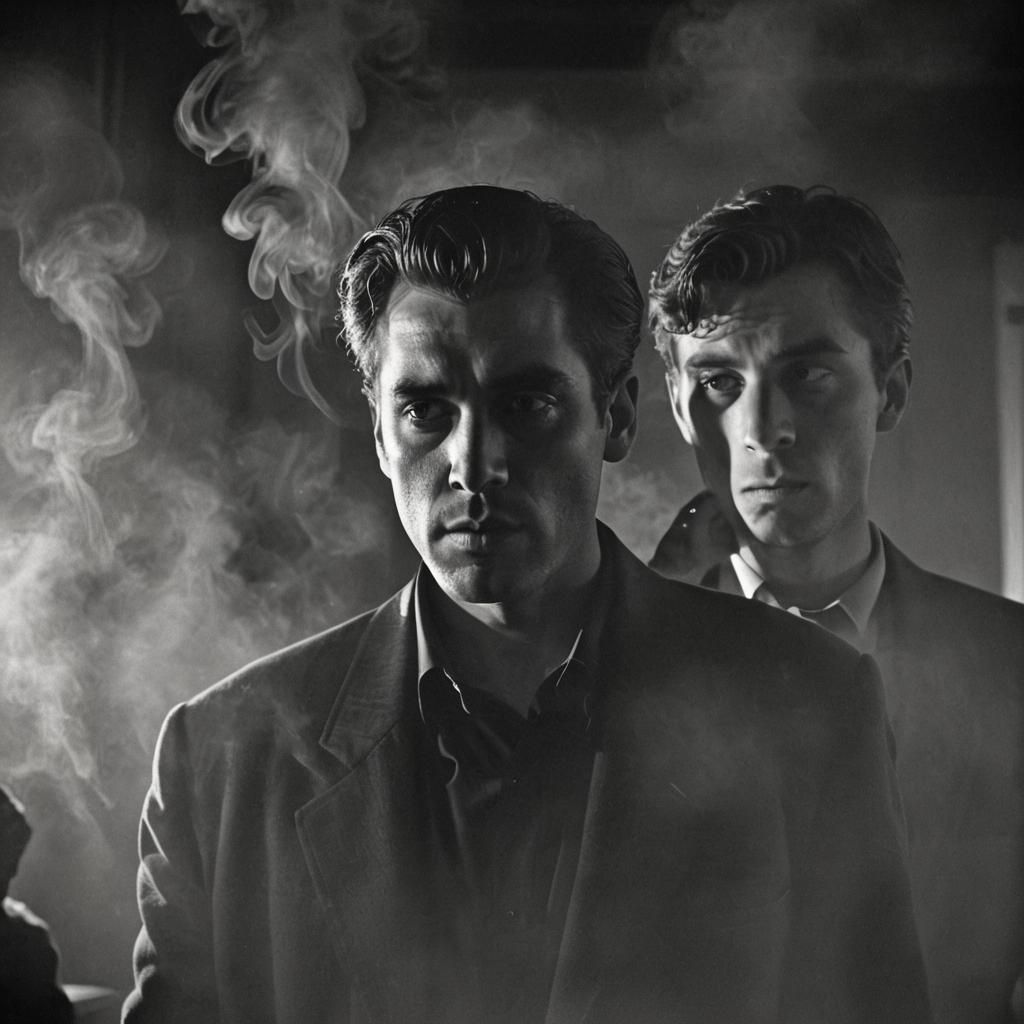 Film Noir Scene: Intense Moment in Smoky Room