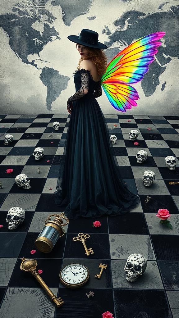 Goth Woman on Chessboard in Surreal Crayon Landscape