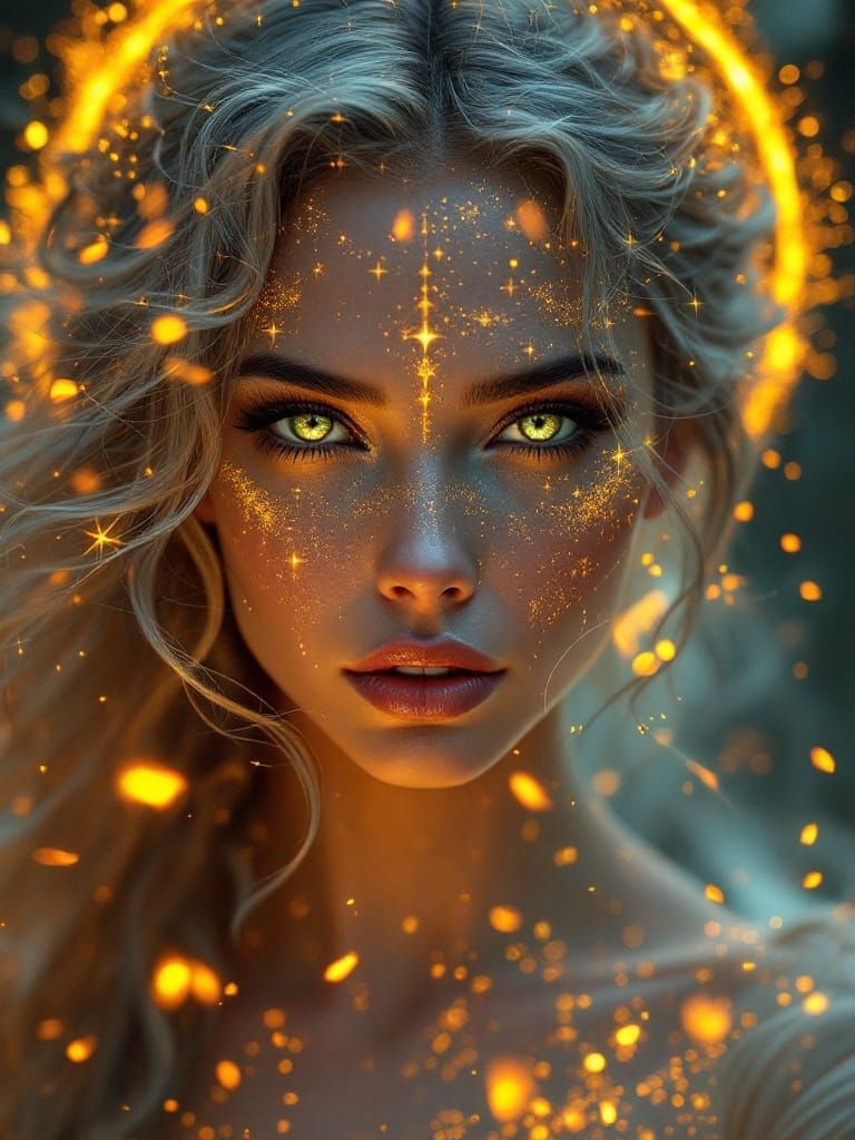 Surreal Queen Emerge from Celestial Fire in Golden-Green Lig...