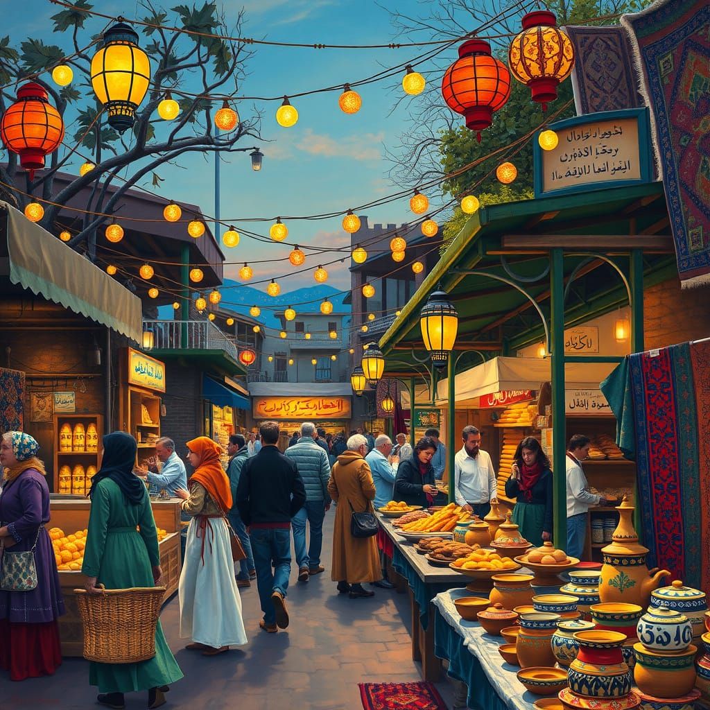 Vibrant Nighttime Marketplace Scene with Golden Lights