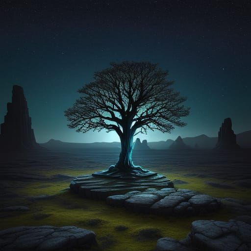 Surreal Oil Painting of Ancient Stone on Alien Landscape