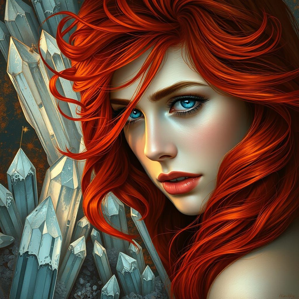 Gypsy Goddess Amidst Crystal Formations in Art Nouveau Style